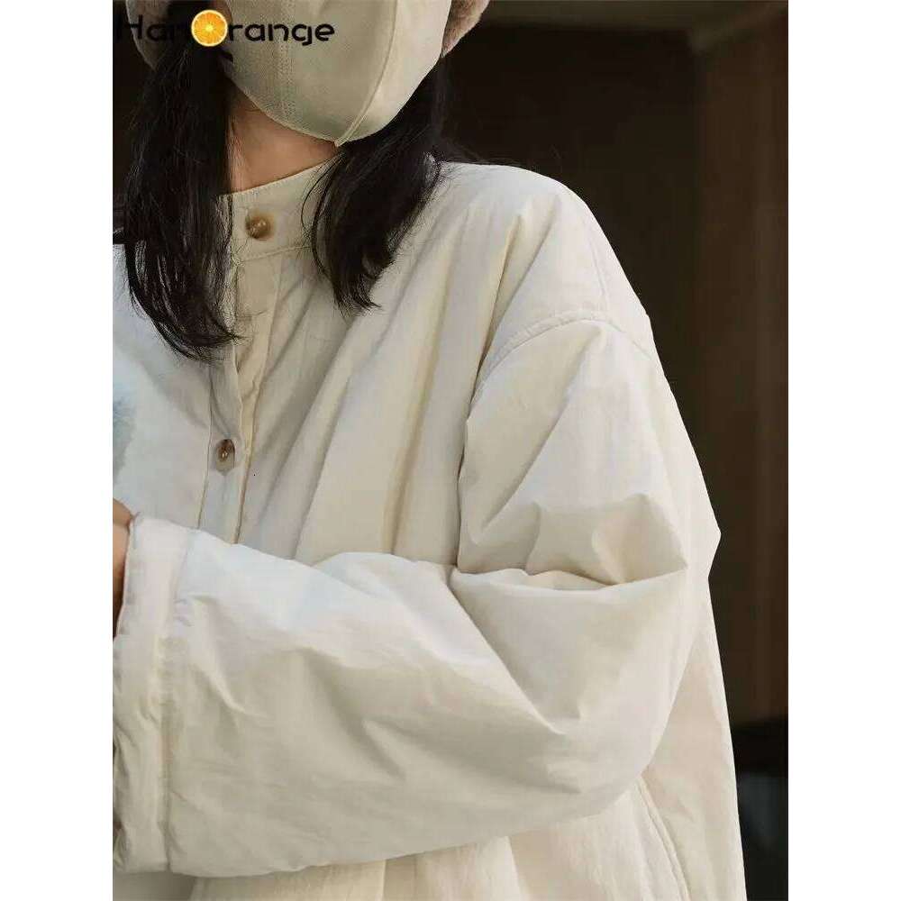 HanOrange 2024 Winter Single Breasted Lazy Parkas Women Cotton Padded Jacket Loose Silhouette Warm Coat Female Apricot, Navy