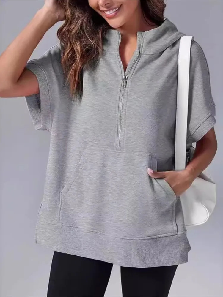 Women Fashion Solid Loose Sweatshirt Summer Short Sleeve Pocket Zipper Tops Female Casual High Street Sports Hooded 250612