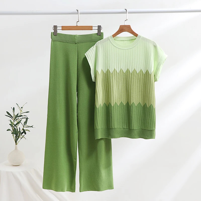 Casual Gradient Summer Knit Pants Sets Women Loungewear 2 Piece Pajama Women Set Knitted Tank Top Two Piece Set For Women 2025 250616