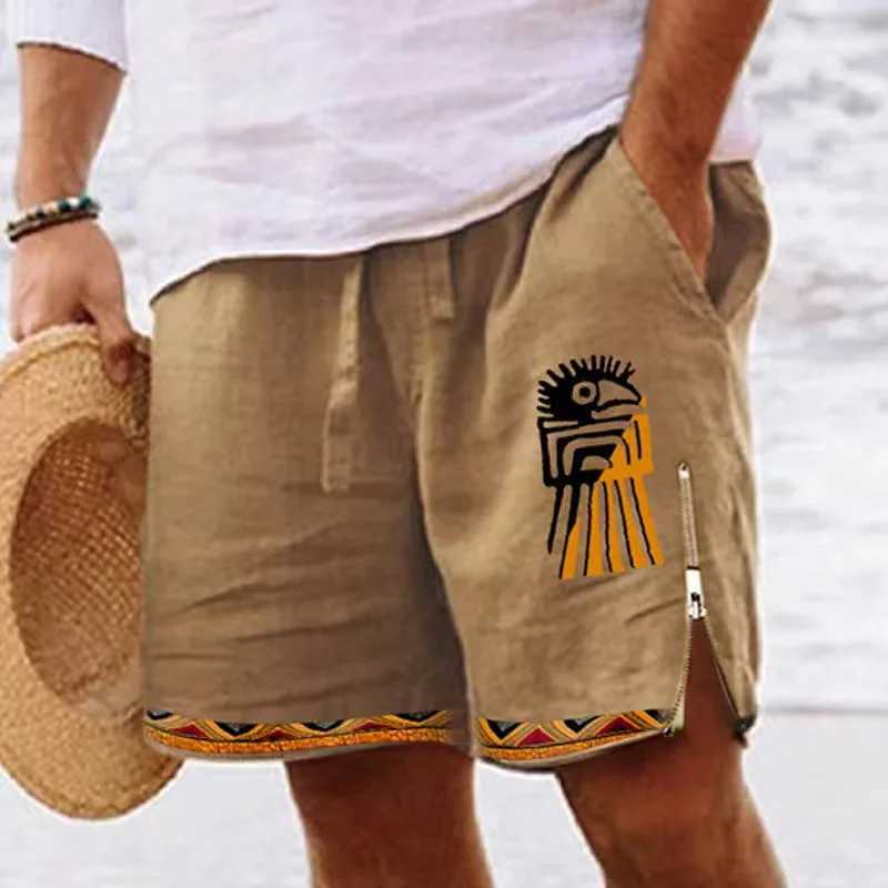 Vintage Zip-up Side Split Shorts Mens Summer Beach Casual Loose Drawstring Men Cotton Linen Shorts Fashion Pattern Print Shorts Z250617