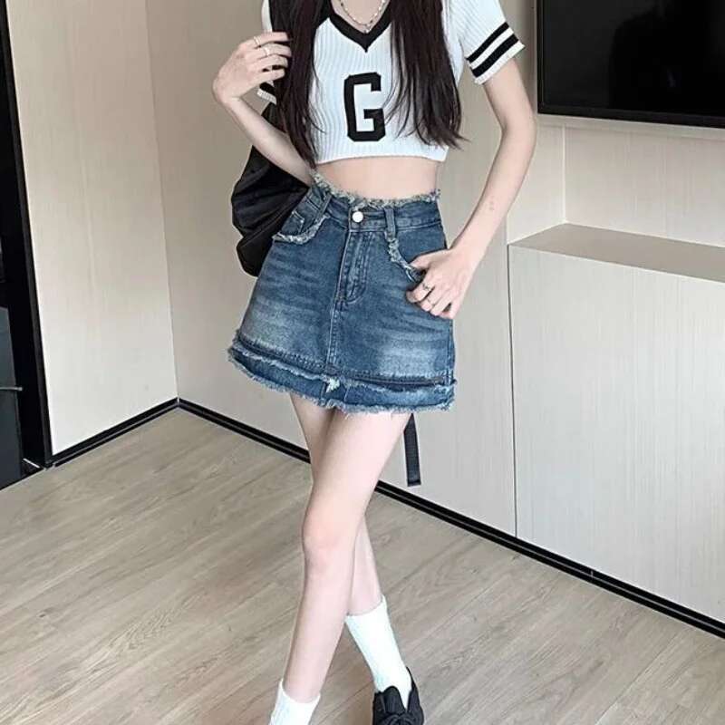 Tight Zipper High Waist Midi Gyaru Pink Cute Woman Denim Skirt Mini Kawaii Wrap Short Blue Jeans Skirts for Women Modest Vintage