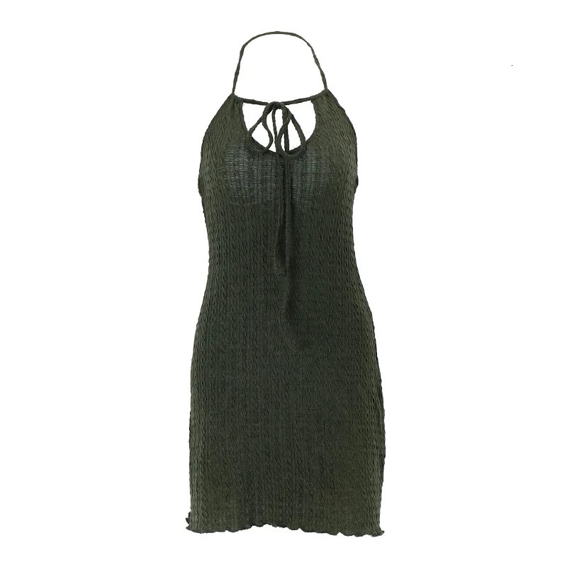 WhereMery Vintage Knitted Halter Short Dress Sexy Bandage Hollow Out Backless Dresses Elegant Sleeveless Texture Party Dresses 250616