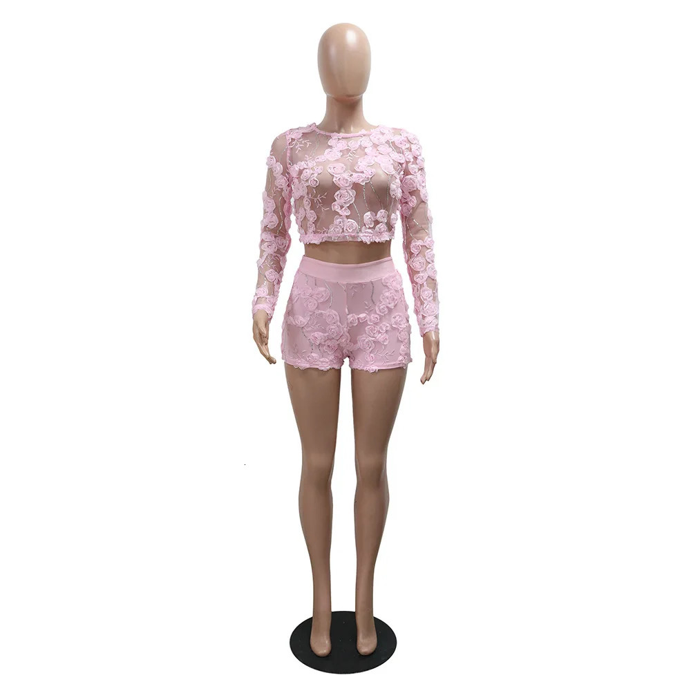 HBLL Sexy 3D Flower See Through Sequin Embroidery Crop Top and Shorts Pink 2 Pieces Set for Woman Summer Birthday Party Outfits 250613