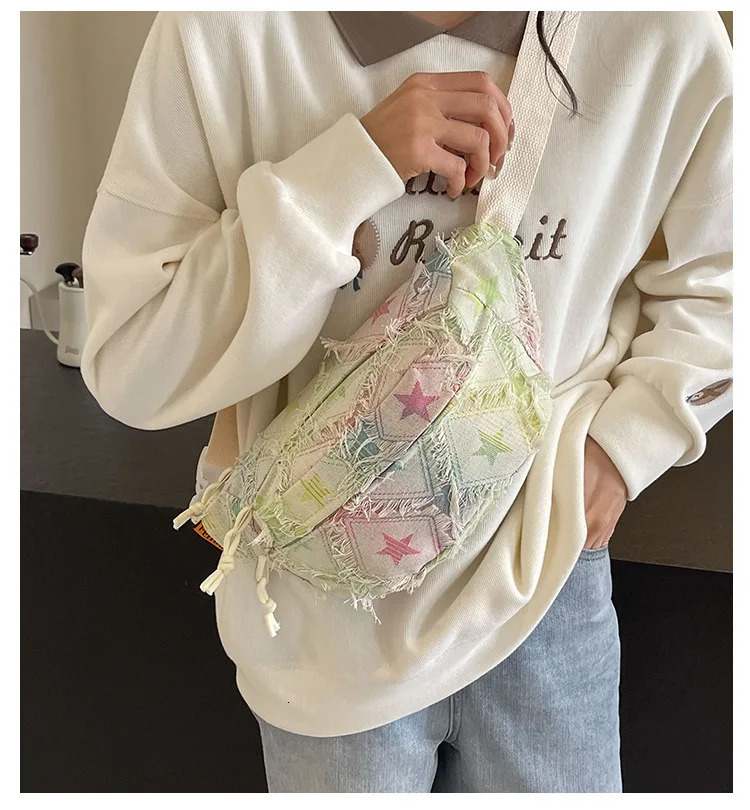 Japanese Fashion Ins Casual Color Large Capacity Denim Chest Bag Ladies Crossbody Bag Cross Body Bag Belt Bag 250614