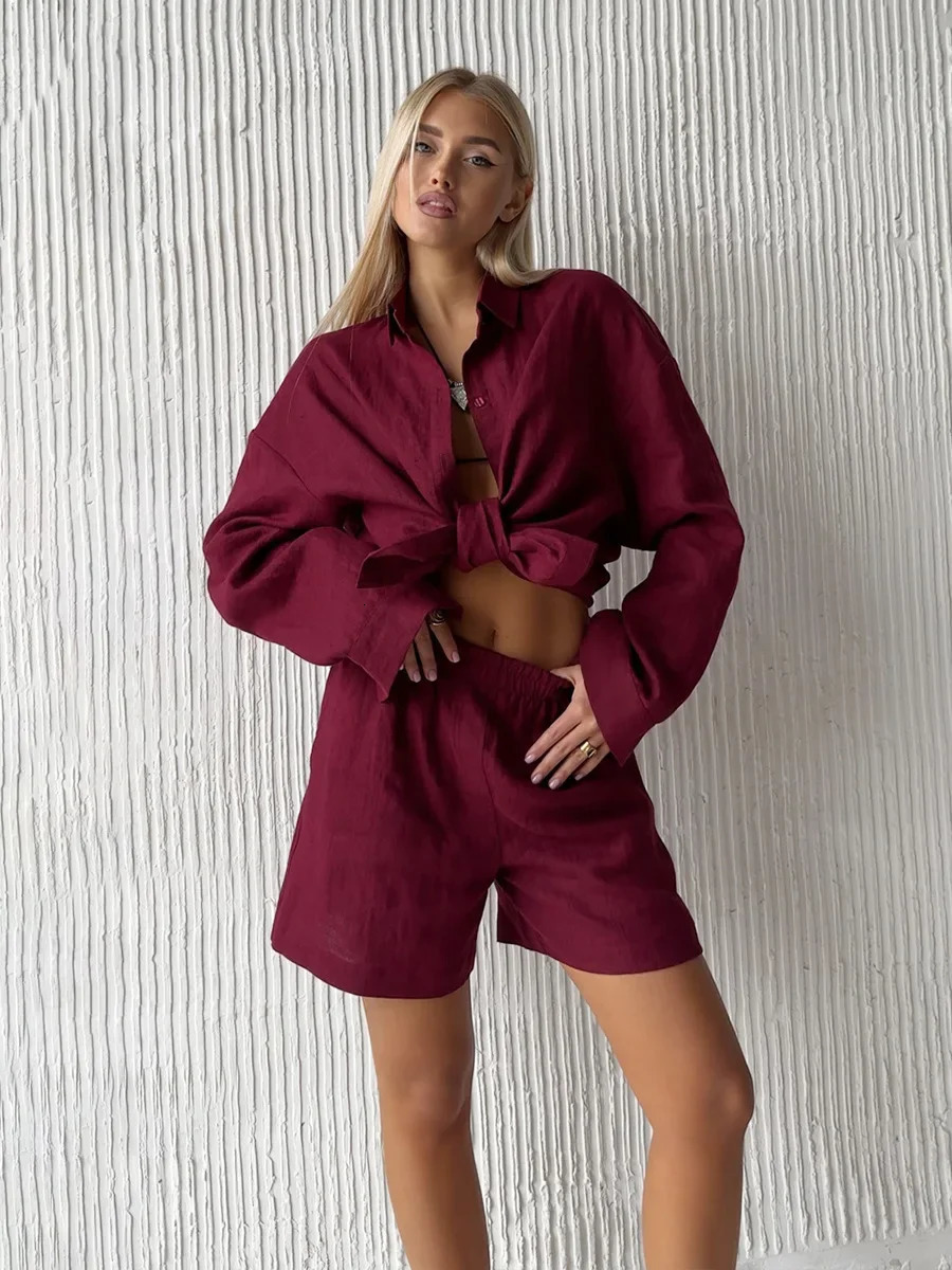Wolfeel Womens Casual Shorts Sets 100% Cotton Solid Color Cozy Lapel Long Sleeve Shirt Summer Elastic Waist Shorts Suits 250616