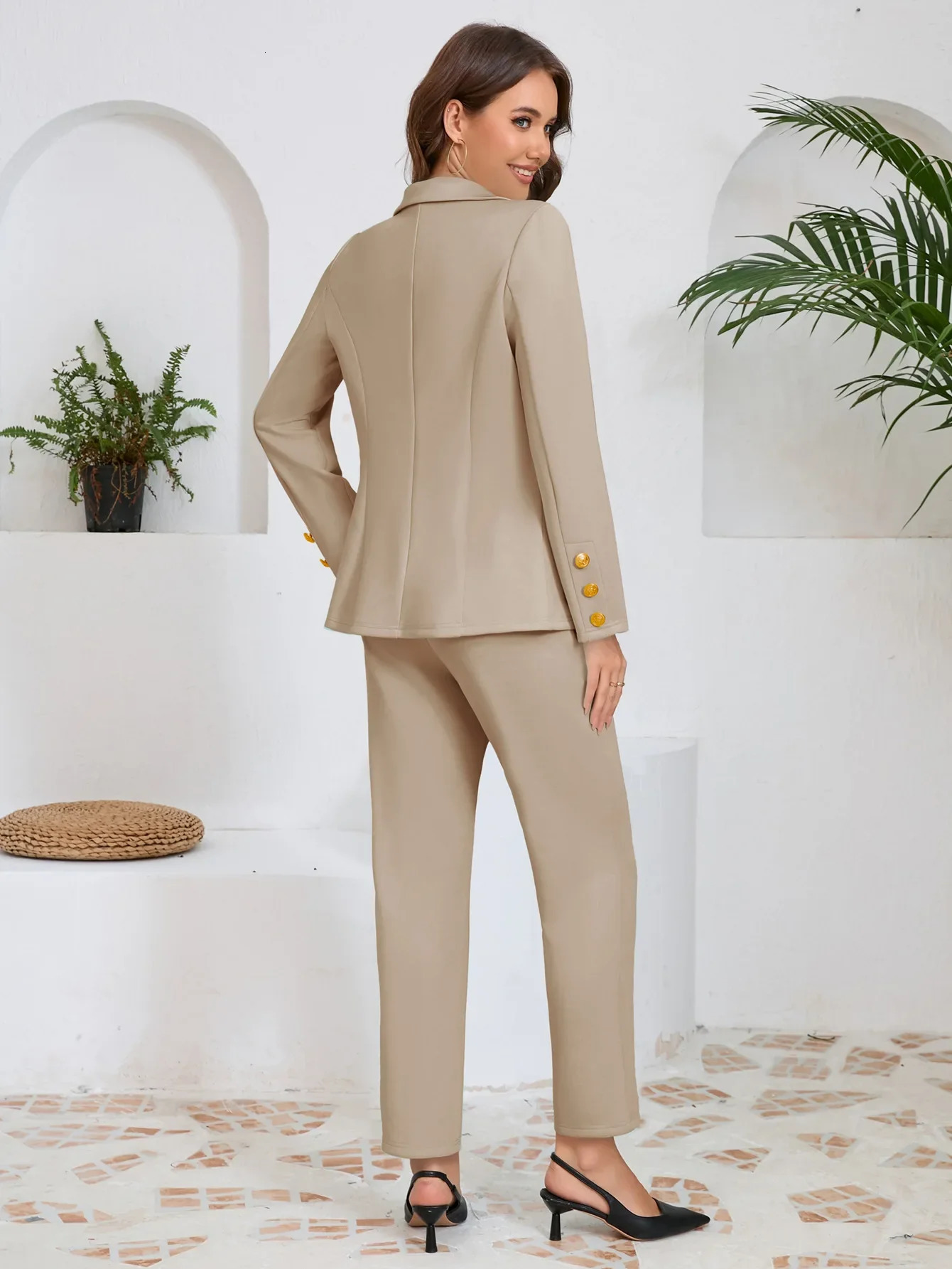 Womens Two-piece Suit Solid Color Double-breasted Small Suit Jacket Straight Trousers Suit Pant Suits Office Wear Women 250616