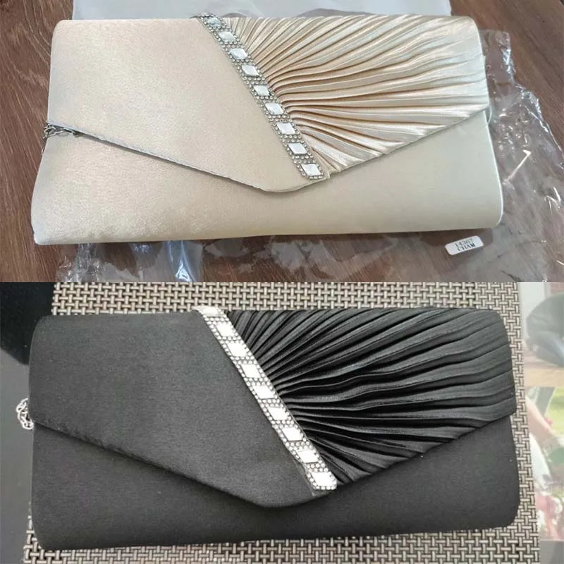 Folds Rhinestone Decor Chain Clutch Bags For Women Red Evening Party Clucth Envelope Bag Female Girl Shoulder Pouch 250617