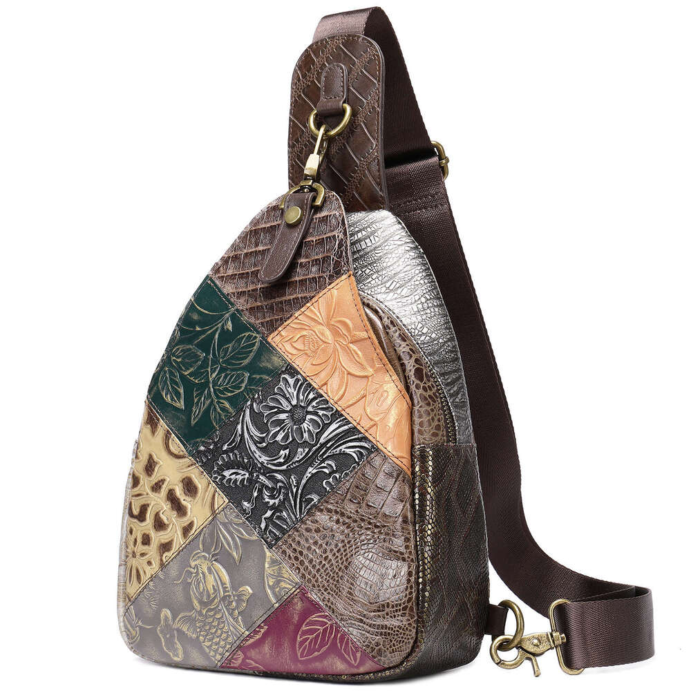 Women's Crossbody bag chest pack bag New Ethnic Style Personality Genuine Leather Chest For Women Ins First Layer Cowhide Patchwork