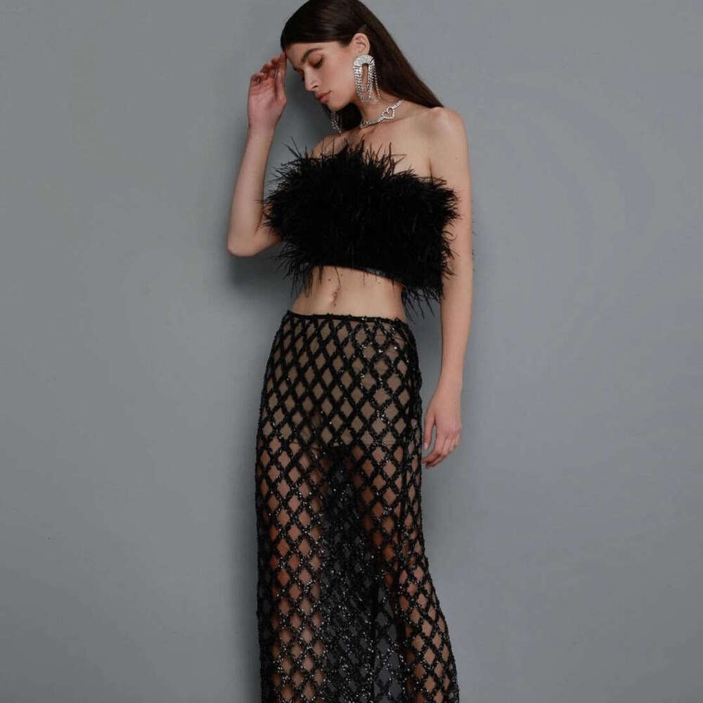 Autumn New Sexy Feather Strapless Black Sequin Mesh Long Dress Bandage Gown