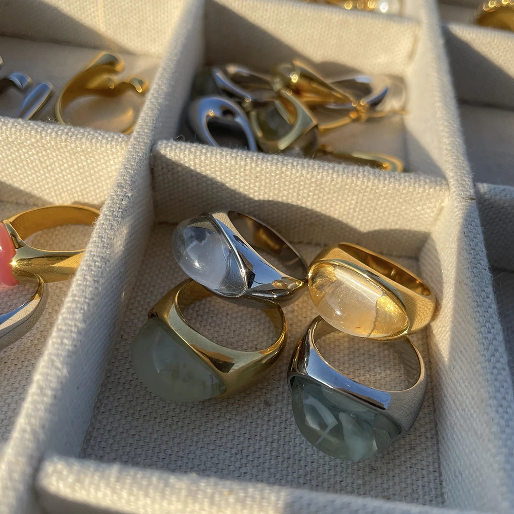 Uworld Unique Natural Stone Green Stainless Steel France Metal Golden Ring Waterproof Charm Trendy Jewelry Women 250616