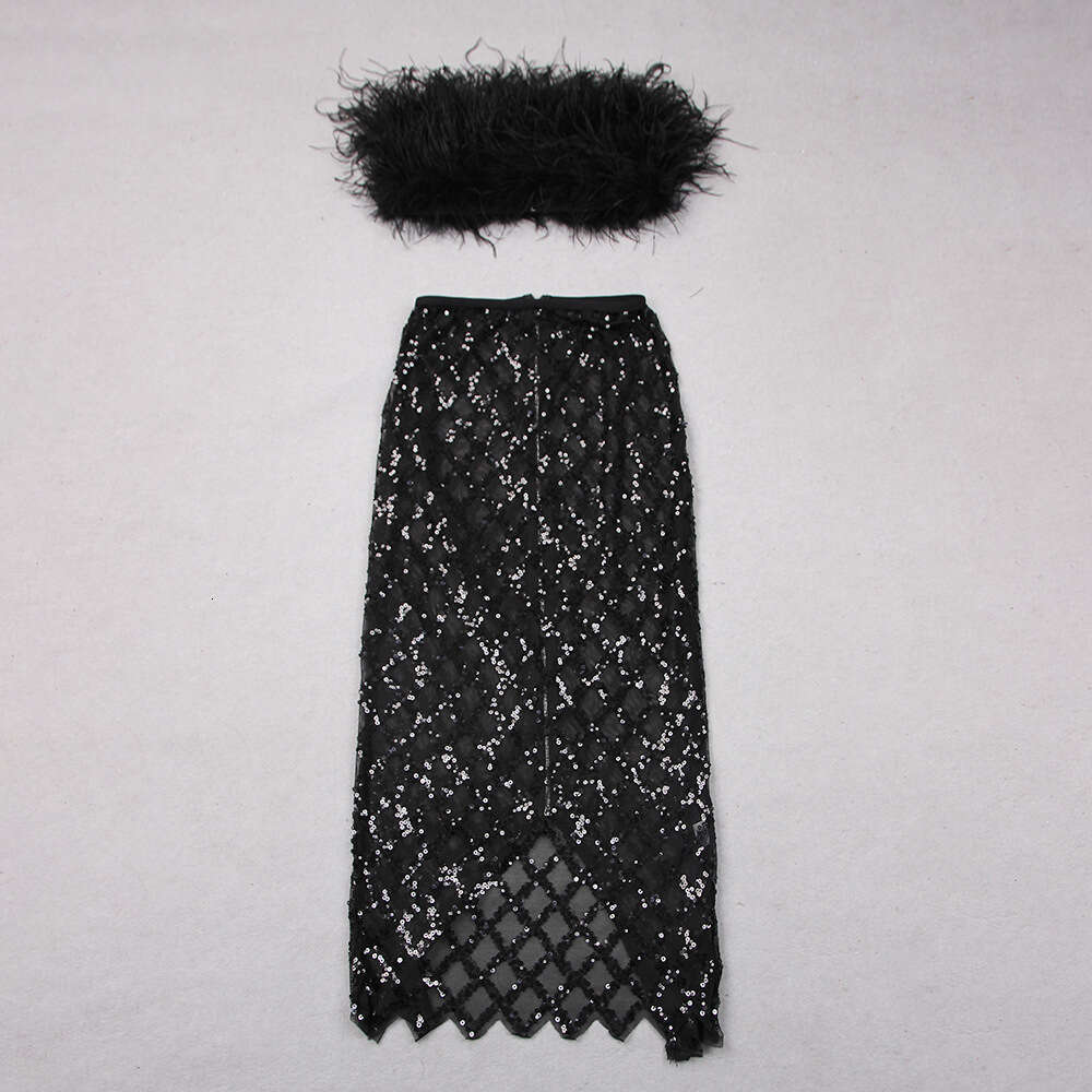 Autumn New Sexy Feather Strapless Black Sequin Mesh Long Dress Bandage Gown