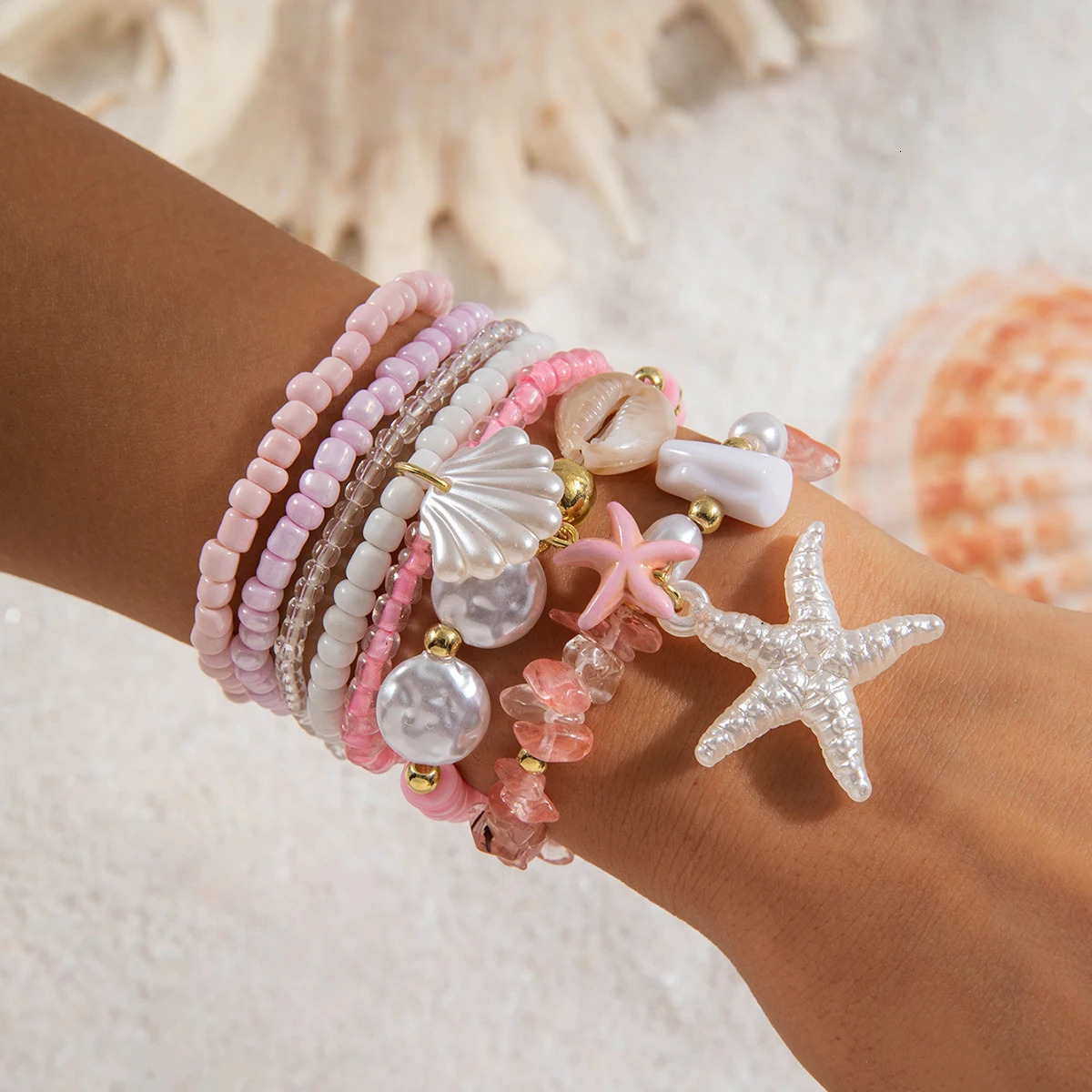 Tocona Bohemian Resort Style Shell Beaded Weaving Bracelet Beach Style Starfish Rice Beads Seven Piece Set for Women 25134 250616