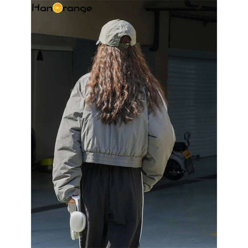 HanOrange 2024 Winter Casual Sports High Collar Short Parkas Loose Silhouette Warm Cotton-padded Jacket Black/Greyish Green