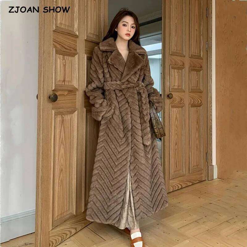 Winter Brown Eming Wave Strip Pattern Faux Mink Fur Coat CHIC Women Bow Sashes Full Sleeve Loose Warm X-Long Outerwear