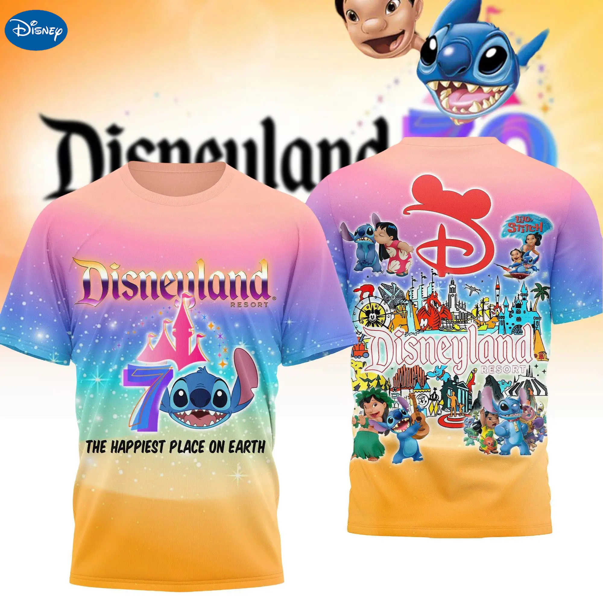 Disney Vintage Disneyland 70th Anniversary 3D T-Shirts Lilo Stitch T-Shirts Magic Kingdom T-Shirts Disneyland Resort T-Shirts W250617