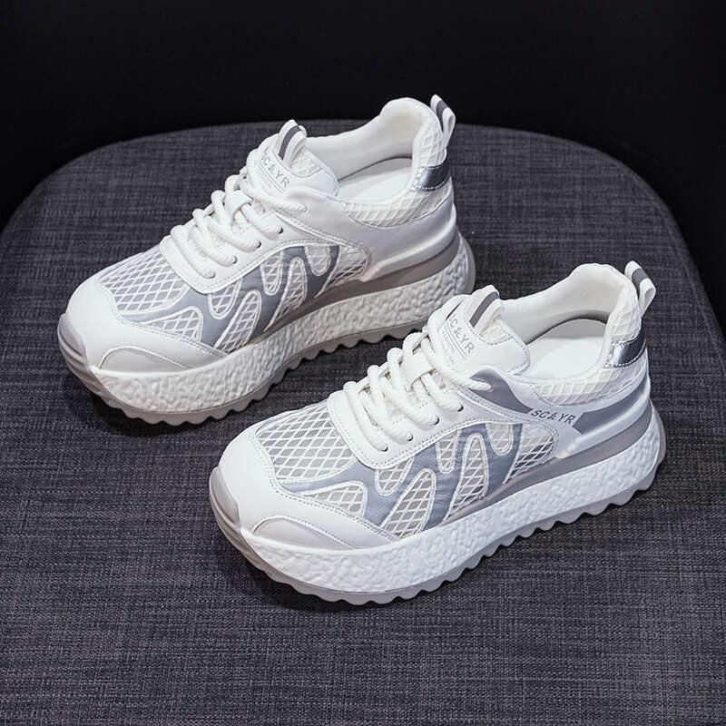 White Sneakers Height Increasing 2025 Casual Fashion Versatile Korean Style Thick Sole Breathable Mesh New Dad Women's Shoes