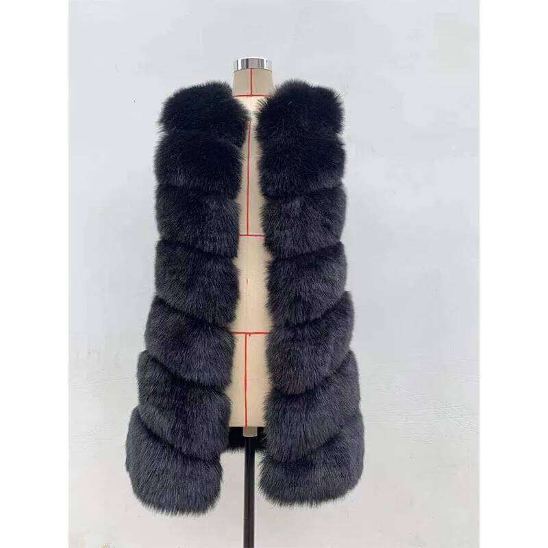HJQJLJLS 2022 Winter New Women Long Faux Vest Female Sleeveless Artificial Fox Fur Gilet Waistcoat Fluffy Furry Jacket Gray