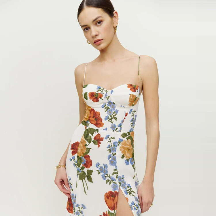 Whitedress Birthday Dress Designer Dresses for Women Bodysuit 221#summer New 2025 Printed Over-the-knee Slit Sexy Slim Fit Mid-length Strap Dress Fren