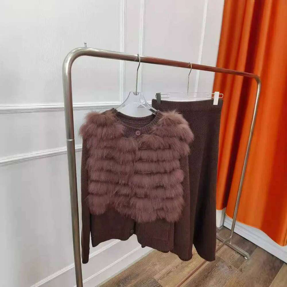 2024 New Spring Autumn Women's Real Fox Fur Knitted Cardigan Coat With Skirt Special Sweater Femeale Suit Long Sleeves