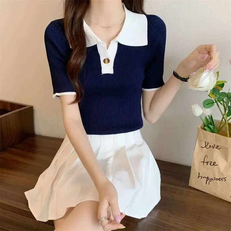 Knitted Woman Tshirt Summer Outfit Polo Neck T Shirt for Women Womens Short Sleeve T-shirt on Offer with Collar High Quality