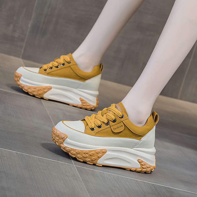 Leather Surface Platform Dad For Women, Autumn 2025 New New Lightweight Hidden Heel Casual Sneakers, Thick Sole Single Shoes