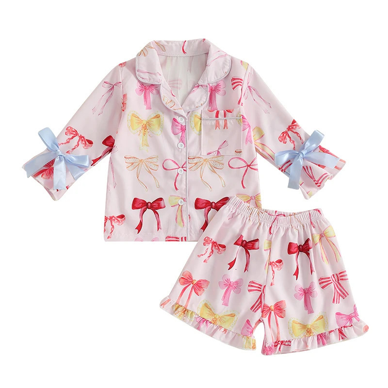 Pudcoco Kid Girl Summer Pajamas Set Bow Print Long Sleeve Button Down Tops with Ruffled Shorts Sleepwear 1-8T 250617