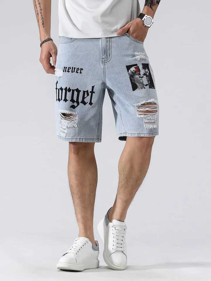 Men Summer Stretchy Denim Shorts Jeans For Men Streetwear Letter Ripped Knee length Baggy Comfort Cargo Casual Shorts Pants Jean Z250617