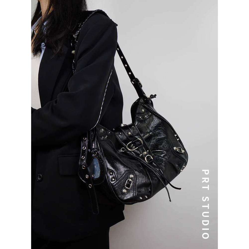 PRT Unisex Punk Y K Hot Girl Large Capacity Tote Rivet Paris Motorcycle Shoulder Crossbody Bag for Women