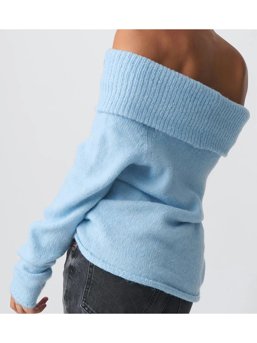 Womens Off Shoulder Crop Sweater Solid Color Boat Neck Long Sleeve Loose Knitwear Pullover 250614