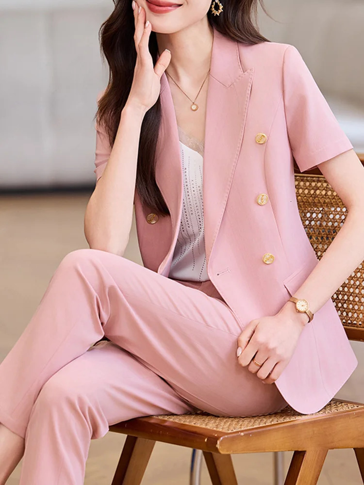 FMZXG All Season Fashion Blazer Women Office Casual Short Sleeve Suits Double Breasted Turn Down Collar Pant 250612