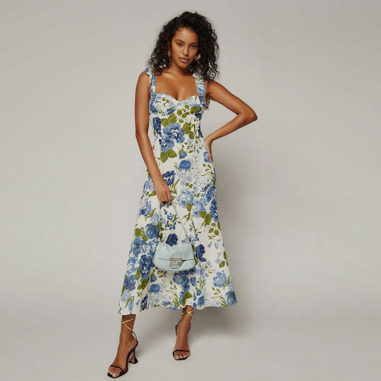 Buttock Maxi Dress for Women Festival 674 Summer New 2025 Printed Over-the-knee Mid-length Slim Fit Strap Dress French Style Womens Fashion