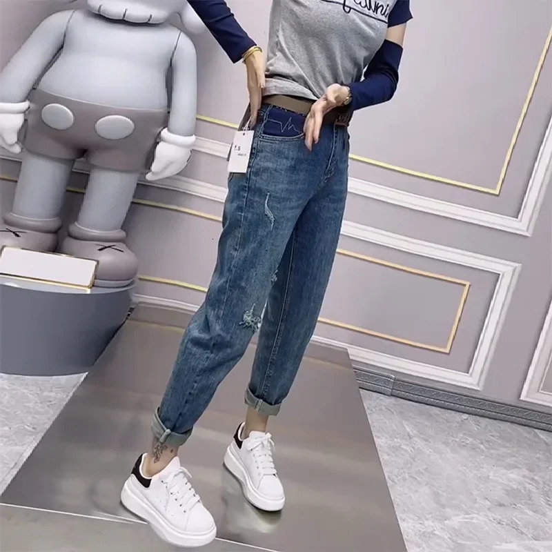Plus Size Plus Size Womens High Waist Harlan Denim Jeans Spring 2025 Color Block Hole Elastic Slimming Dad Pants Big Sister MM 250609