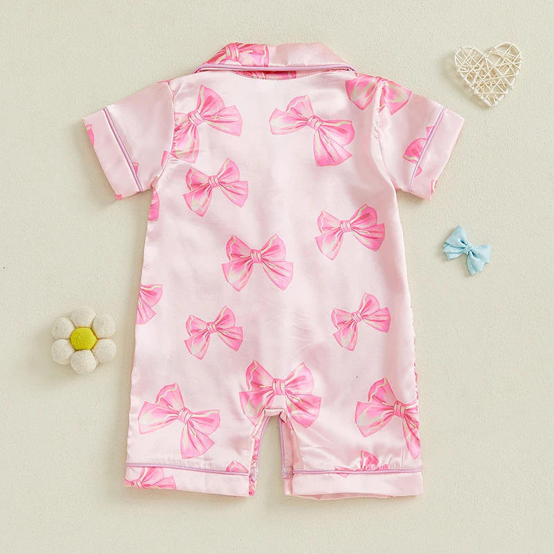 Baby Girl Bow Satin Pajama Short Sleeve Button-up Shorts Jumpsuit Cute Toddler Sleepwear 250617