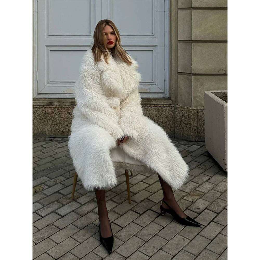 Fashion Fluffy Plush Women's Coat Casual Loose Solid Color Turndown Collar Long Coats Winter Windproof Warm Outerwears