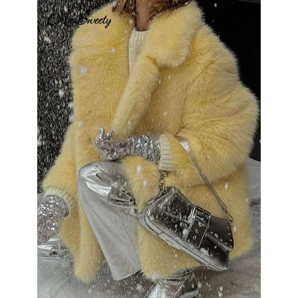 Fashion Faux Fur Jacket Coat Women Warm Fluffy Loose Long Sleeve Lapel Female Overcoat 2024 Winter Yellow Lady Street Outwear
