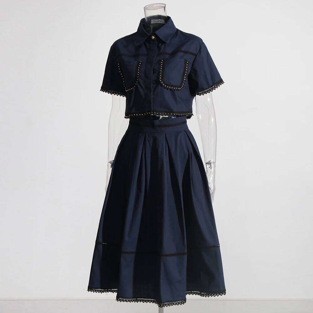 Designer Clothing 2025 Solid Two Piece Sets For Women Lapel Short Sleeve Shirt High Waist Spliced Folds Minimalist Set Female Fashion