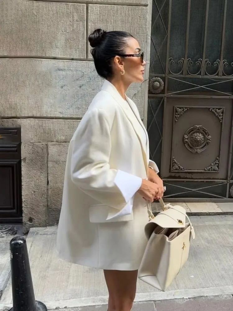 Elegant Blazer Coat For Women Fashion Pockets Lapel Oversized Suit Jackets 2025 Autumn Office Lady Casual Loose Outerwear 250614