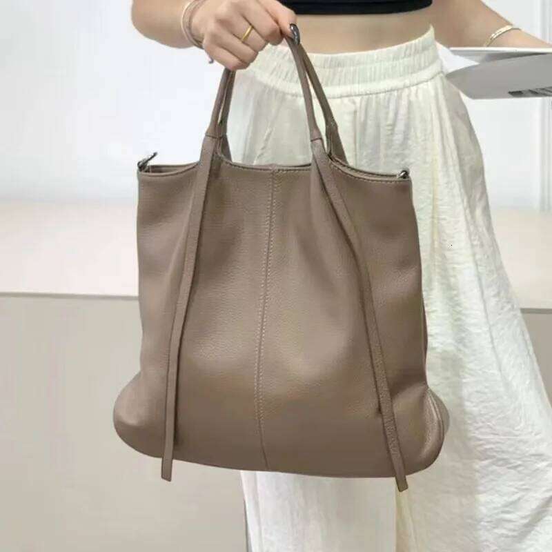 Casual Women Genuine Leather Handbags Large Shoulder Solid Color Soft Cowhide Work Crossbody Bucket Bag Female Purse Tote