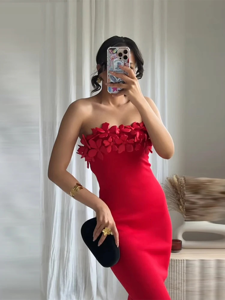 Strapless 3D Flower Women Dress Off Shoulder Sexy Backless Slim Fit Satin Solid Color Gown Robes Elegant Wrap Hip Long Dresses 250612