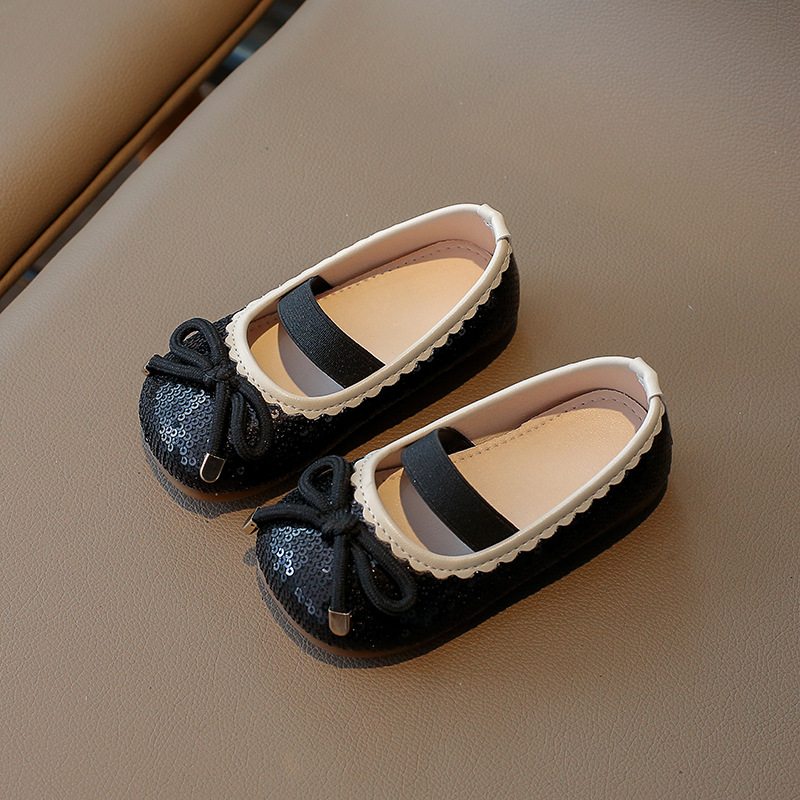 Kids Shoes Spring PU Leather Sequin Single Shoes Pink White Black Bowknot Girls Princess Shoes Childrens Girls Dance Show Shoes