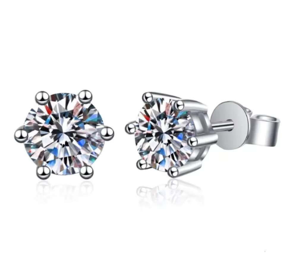 S925 Tremella Nail Moss Stone Earrings Classic Six Claw Earrings Rhodium-plated Simple Earrings