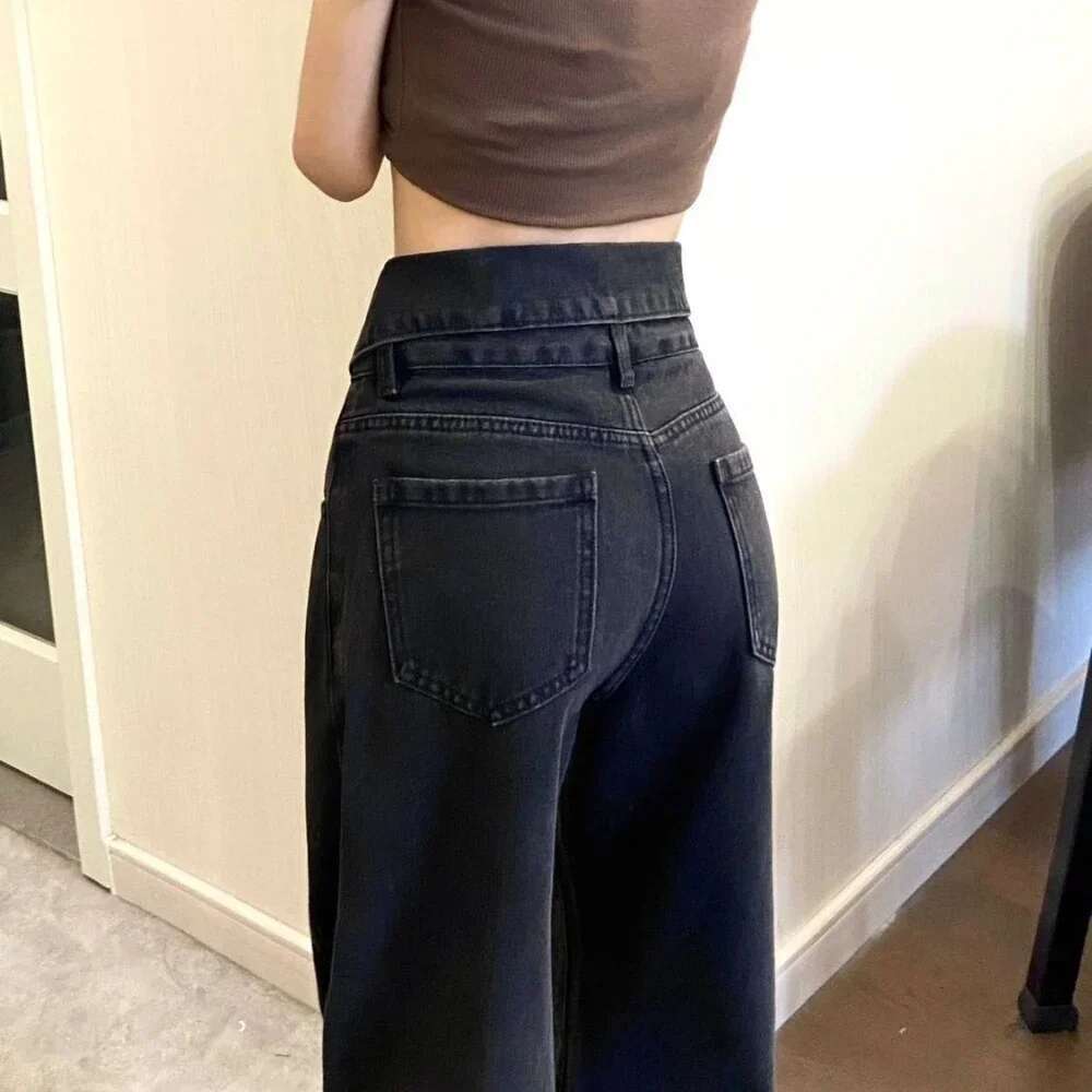 High Waist Shot Straight Leg Womens Jeans Trousers Black Pants for Woman on Sale Stretched Harajuku Fashion Stylish Medium Wash