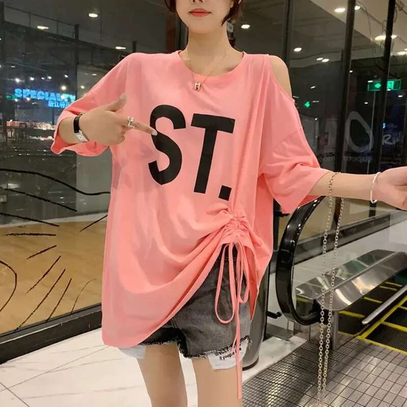 T Shirt for Women Off Shoulder Baggy Graphic Short Sleeve Tops Woman Y2k Fashion Korea Japanese Vintage Clothes Korean Reviews