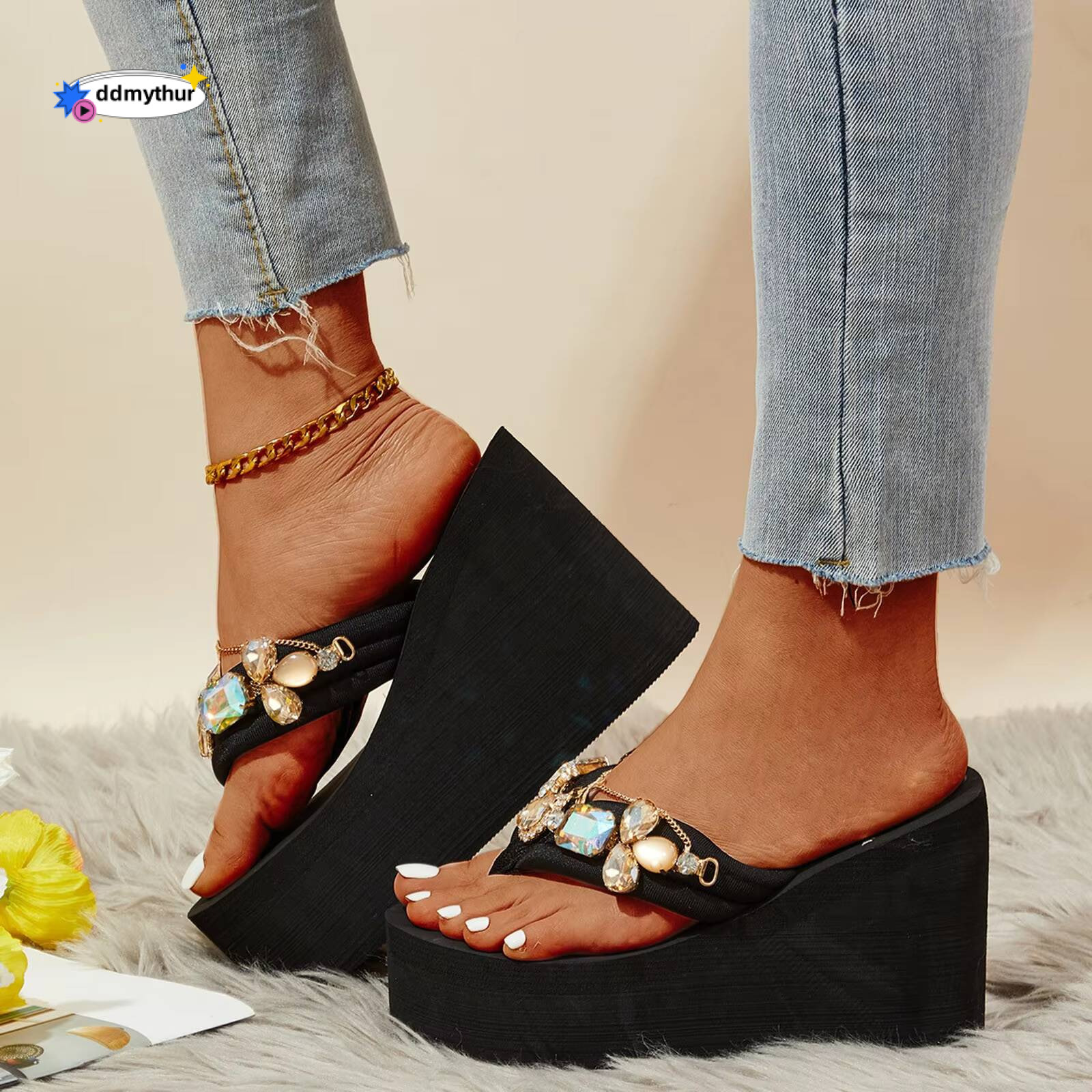 Ladies Flip Flops Shoes Wedge Platform Thick Sole High Heel Rhinestone Slipper Women Fashion Diamond Chain Slippers Zapatos ddmythur
