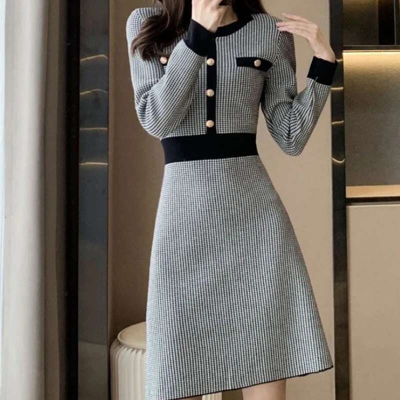 A Line Knee Length Cover Up Midi Crochet Dresses for Women One-piece Woman Knitted Dress Clothes Long Sleeve Elegant and Pretty