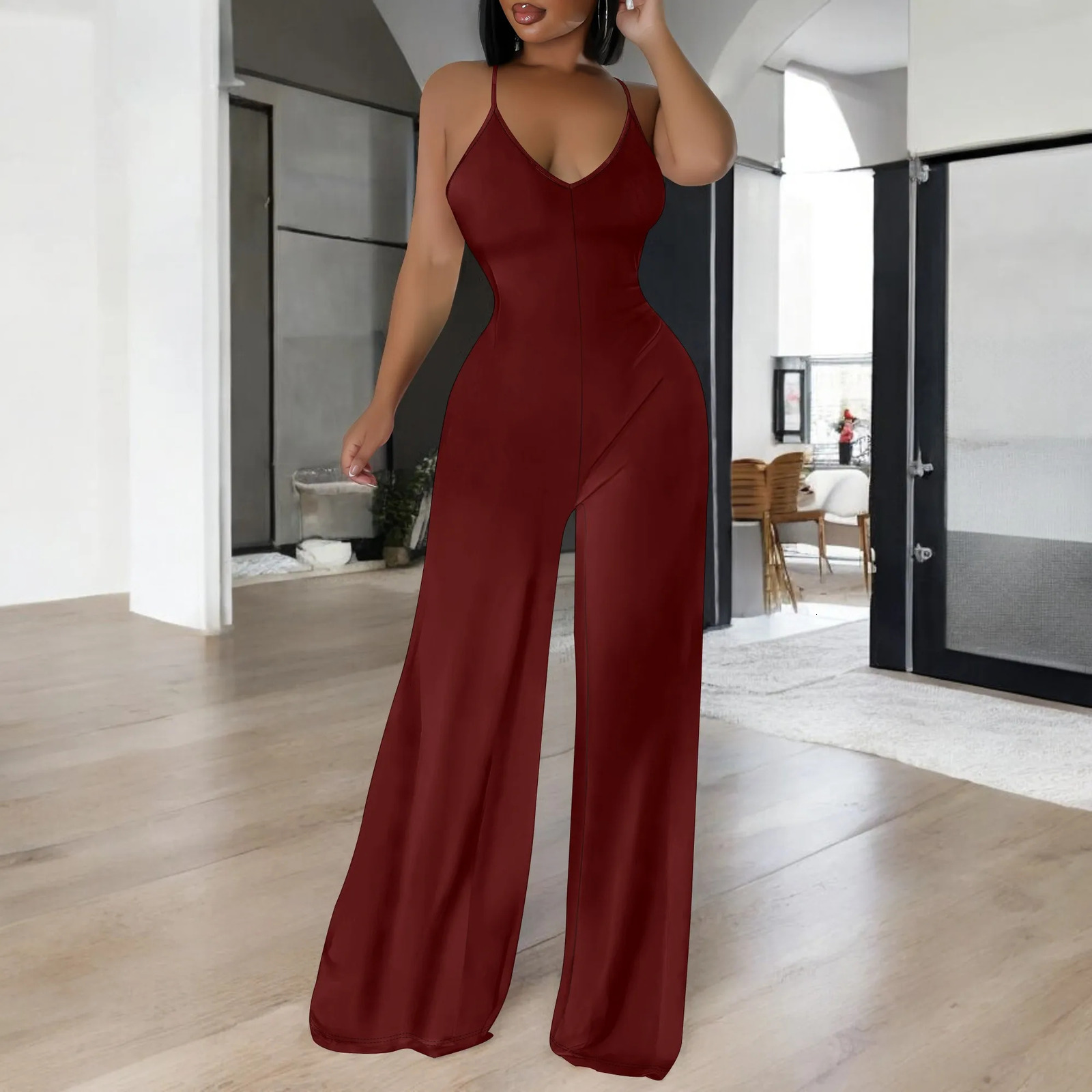 Women V Neck Spaghetti Strap Wide Leg Dressy Jumpsuits Summer Casual One Piece Jumper Romper Outfits 250617