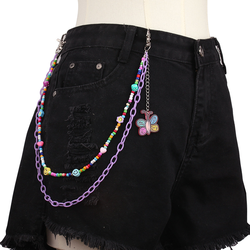 Stage Wear Dance Accessories Fashionable and versatile colored rice bead resin chain double-layer pants chain acrylic colored pants chain