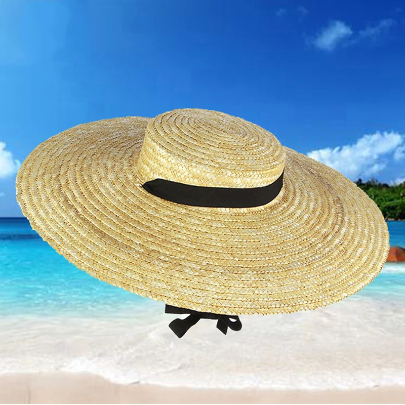 Wide Brim Straw Hat For Women Long Ribbon Ladies Beach Hat Summer Sun Visor Cap Flat Top Large Brim Tie Straw Hat 250616