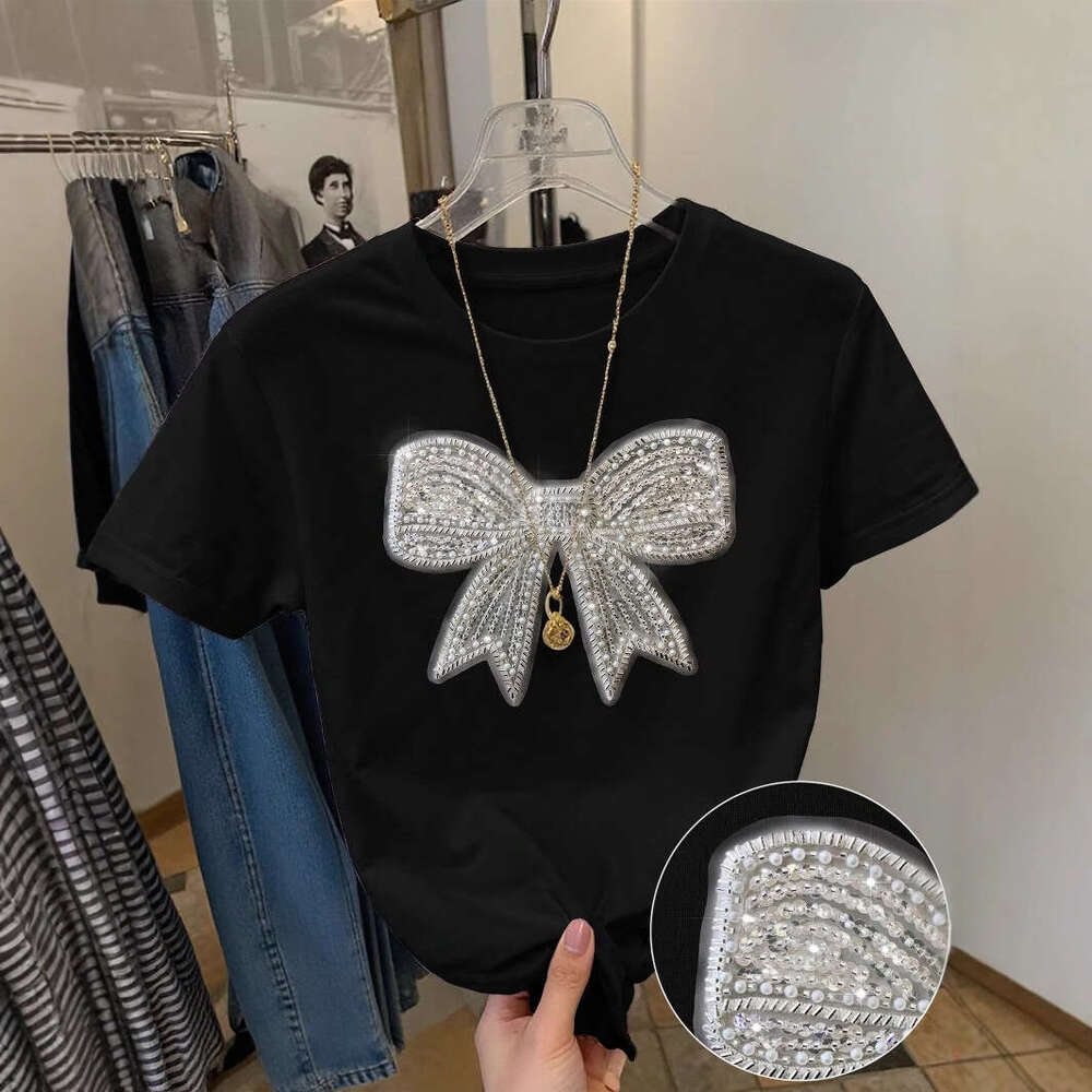 Summer New Women's Fashion Casual Commuter Loose Round Neck Bowknot Print T-Shirt Short B5
