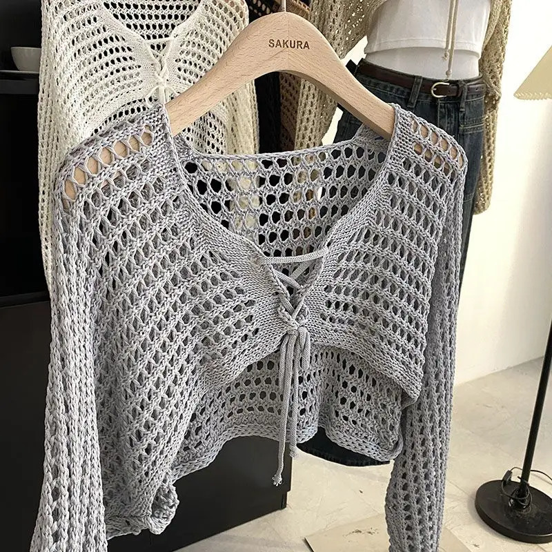 Hollow Out Short Style with Camisole Knitted Sweater for Womens Summer Loose Long Sleeved Cover Up Sun Protection Top 250616